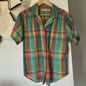 Vintage plaid button up pastel t shirt petite small spring boho